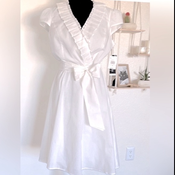 🌾 Perceptions New York Beautiful White Ruffle Belted Midi Dress - Picture 14 of 14